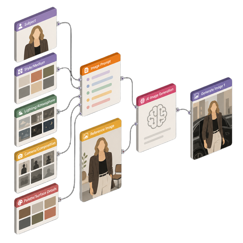 Diagram showing the visual AI image generation workflow in ImgForge, with prompt blocks for style, subject, lighting, and composition feeding into multiple image model outputs that can be compared and iterated on.